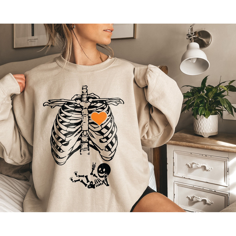 Skeleton Halloween Maternity Sweatshirt, Skeleton Maternity Shirt, Pregnancy Sweater, Pregnancy Announcement Shirt, Pregnant Women Costume - 1.jpg