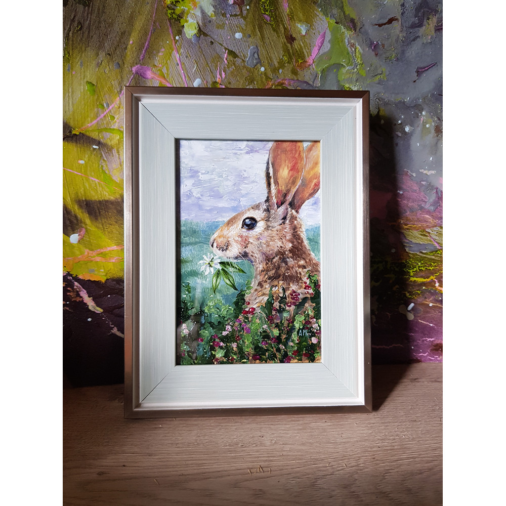 1 Small oil painting in a frame under glass - Bunny  5.9 - 3.9 in..jpg