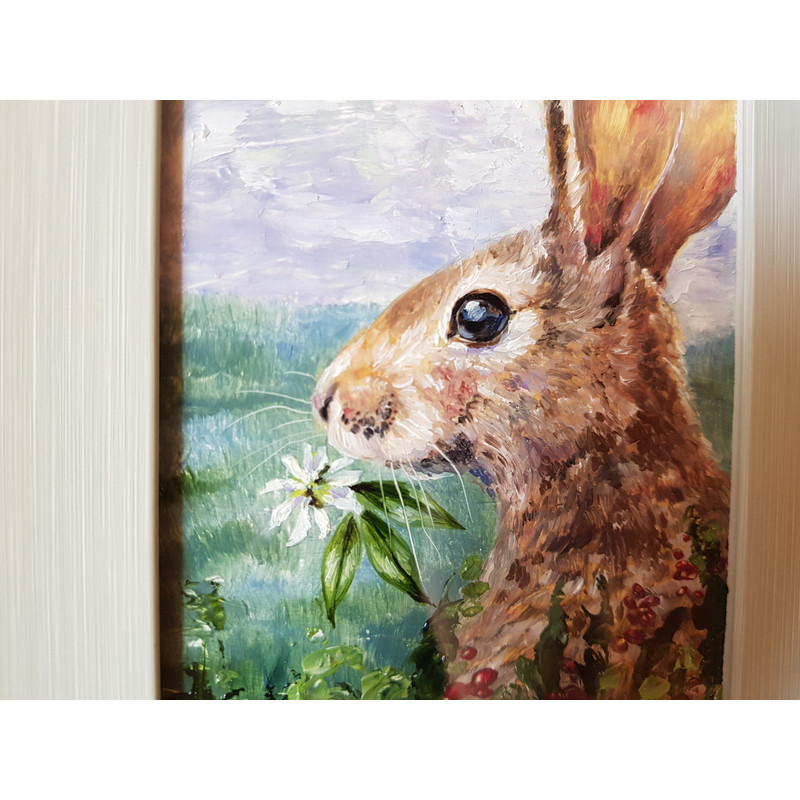 2 Small oil painting in a frame under glass - Bunny  5.9 - 3.9 in..jpg