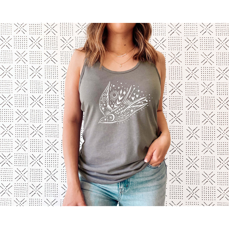 Bird Tank T-shirt, Floral Sun Moon Tank, Boho Graphic Women Top, Celestial Birds Tattoo, Freedom Bird Tank, Gift for Mother, Sister Gift - 7.jpg