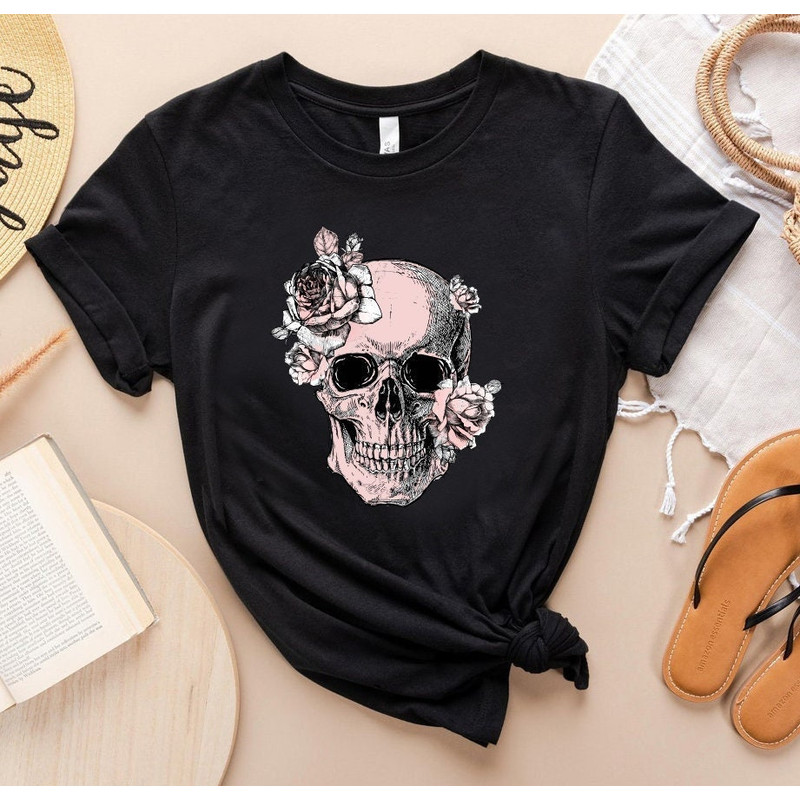 Bloom Skull Womens T-Shirt, Sugar Skull Art Tshirt Gift For Her, Floral Skull Print Boho Graphic Tee, Flower Skull Bella Canvas T-Shirt - 1.jpg