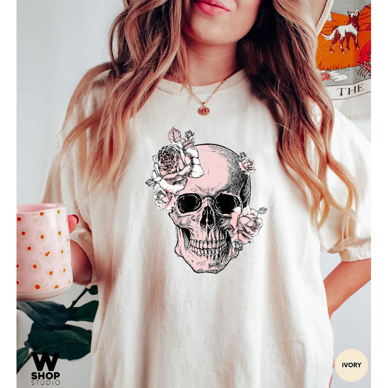 Bloom Skull Womens T-Shirt, Sugar Skull Art Tshirt Gift For Her, Floral Skull Print Boho Graphic Tee, Flower Skull, Comfort Colors Tee - 2.jpg