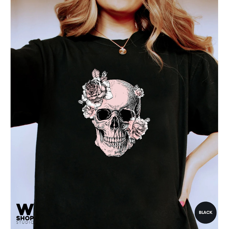 Bloom Skull Womens T-Shirt, Sugar Skull Art Tshirt Gift For Her, Floral Skull Print Boho Graphic Tee, Flower Skull, Comfort Colors Tee - 3.jpg