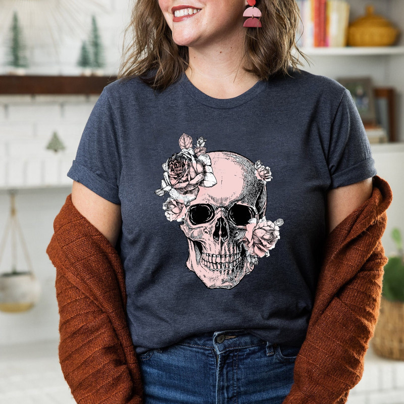 Bloom Skull Womens T-Shirt, Sugar Skull Art Tshirt Gift For Her, Floral Skull Print Boho Graphic Tee, Flower Skull Bella Canvas T-Shirt - 4.jpg