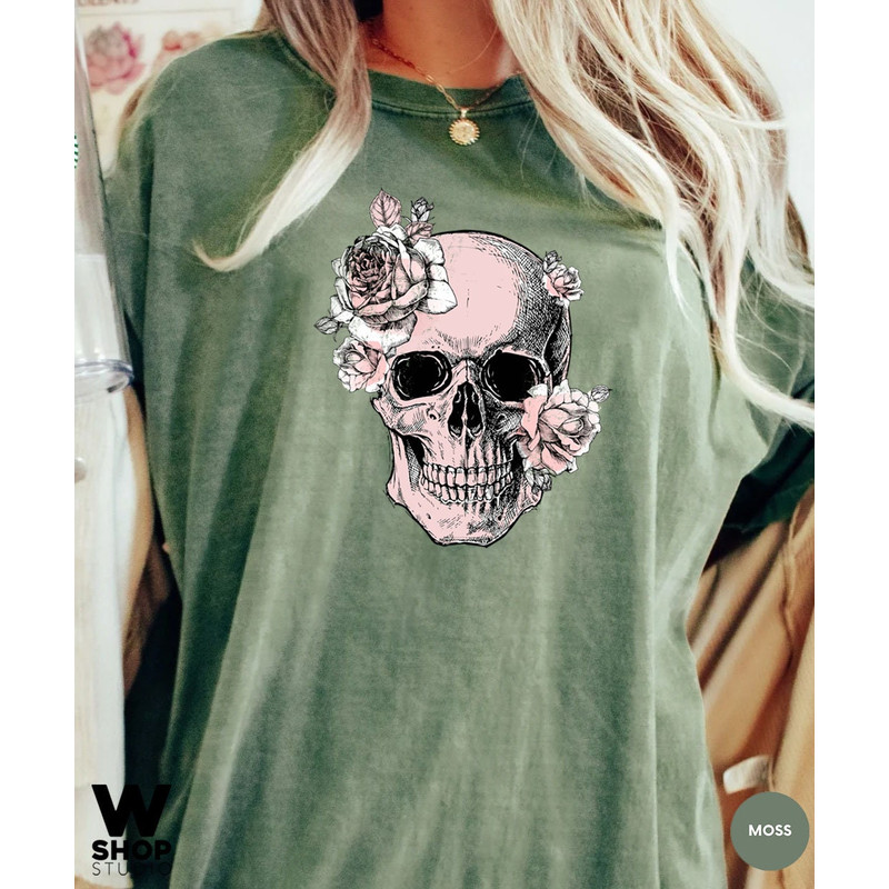 Bloom Skull Womens T-Shirt, Sugar Skull Art Tshirt Gift For Her, Floral Skull Print Boho Graphic Tee, Flower Skull, Comfort Colors Tee - 4.jpg