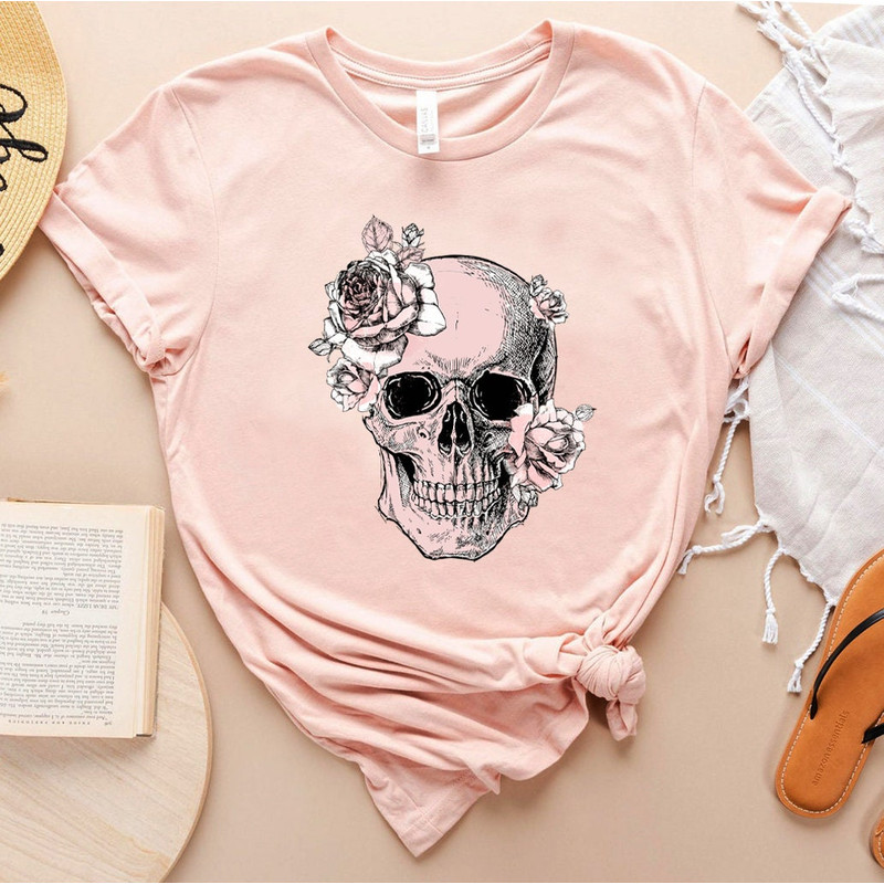 Bloom Skull Womens T-Shirt, Sugar Skull Art Tshirt Gift For Her, Floral Skull Print Boho Graphic Tee, Flower Skull Bella Canvas T-Shirt - 6.jpg