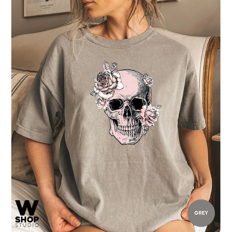 Bloom Skull Womens T-Shirt, Sugar Skull Art Tshirt Gift For Her, Floral Skull Print Boho Graphic Tee, Flower Skull, Comfort Colors Tee - 6.jpg