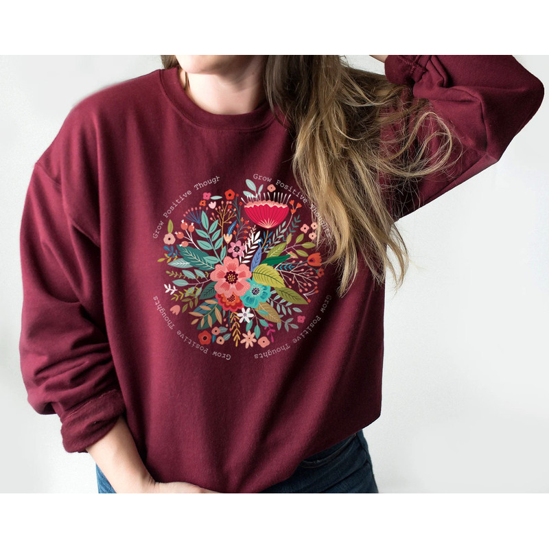 Grow Positive Thoughts Tee, Floral Sweatshirt, Bohemian Style, Butterfly Top, Trending Right Now, Women's Graphic T-shirt - 5.jpg