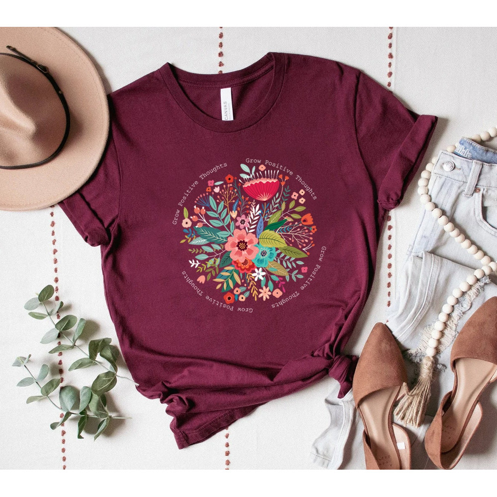 Grow Positive Thoughts Tee, Floral T-shirt, Bohemian Style Shirt, Butterfly Shirt, Trending Right Now, Women's Graphic T-shirt, Love Tee - 3.jpg