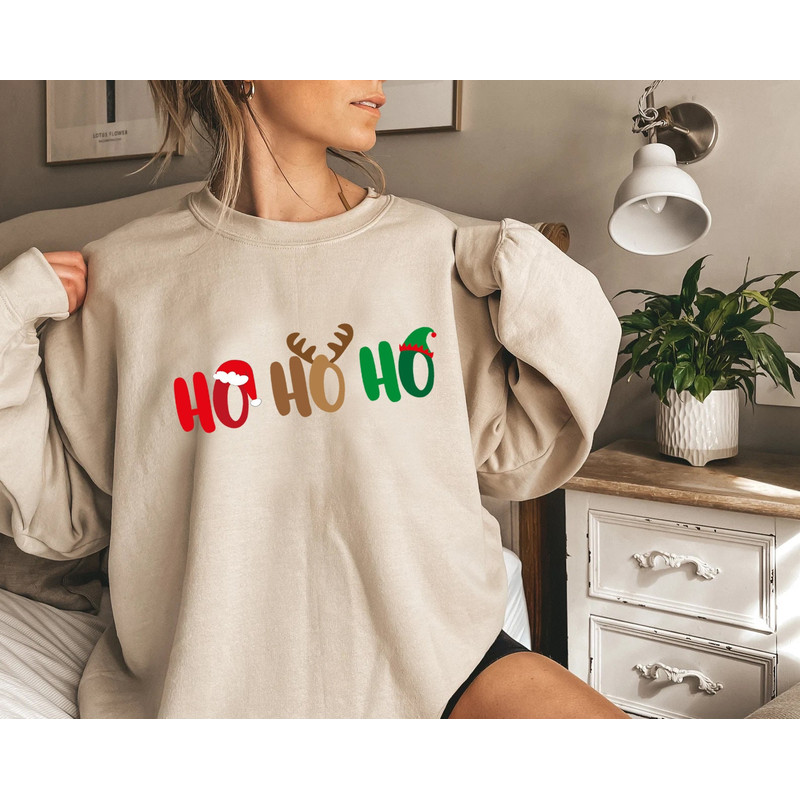 HO HO HO Sweatshirt, Merry Christmas Tree Hoodie, Unisex Adult Funny Holiday shirt, Vintage Merry and Bright Xmas Crew tee - 4.jpg