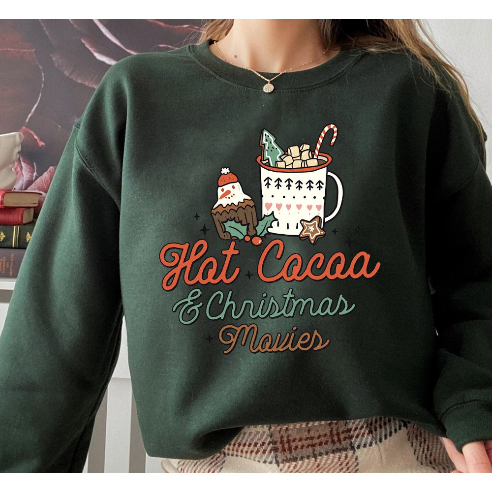 Hot Cocoa And Christmas Movies Sweater, Vintage Christmas Sweatshirt, Women's Cute Santa, Xmas Graphic Pullover, Holiday Ugly Sweater - 2.jpg