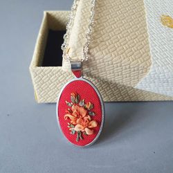 Red embroidered pendant for her,  4th wedding anniversary gift, custom embroidery jewelry necklace