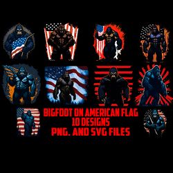 bigfoot on the background of the america 2 flag svg and png. download digital sublimation files