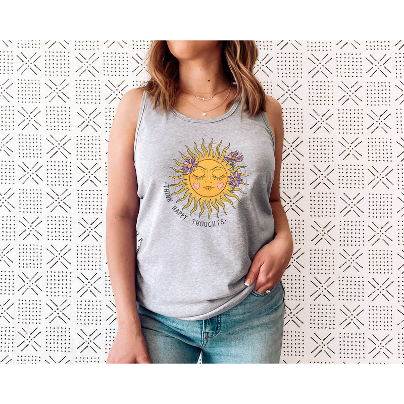 Think Happy Thoughts, Sunflower Tee Tank Top, Wildflower Tank, Wild Flowers Shirt, Floral Tank, Gift for Women, Ladies Tank, Best Gift - 3.jpg