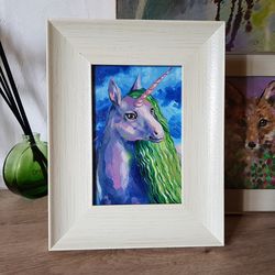 Original Small Oil Painting in a frame under glass Unicorn