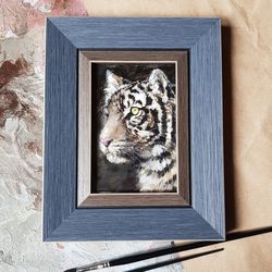 Original Small Oil Painting in a frame under glass Tiger