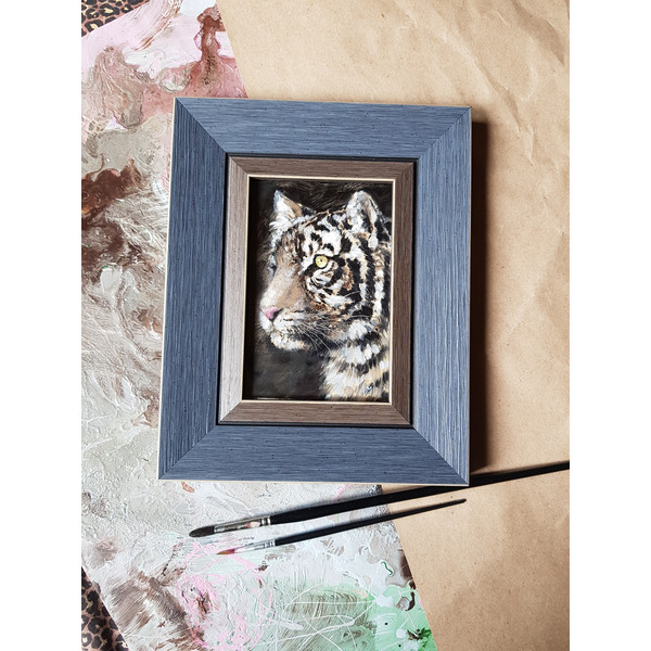 3 Small oil painting in a frame under glass - Tiger  5.9 - 3.9 in..jpg