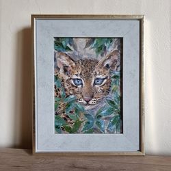 Original Small Oil Painting in a frame under glass little leopard