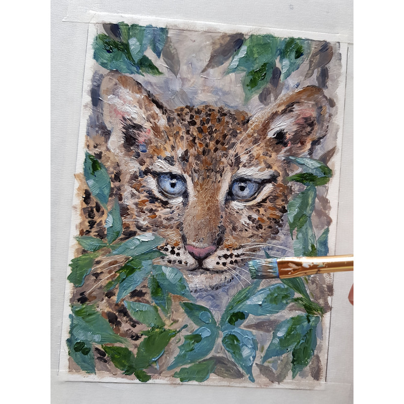 2 Small oil painting in a frame under glass - little leopard 4.7 -6.6 in (12-16.8 cm)..jpg