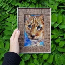 Original Small Oil Painting in a frame under glass little lion