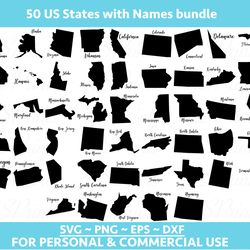 50 US States map Bundle SVG, States svg, US state svg, United States Vector Files, 50 states clip art, All Usa states,