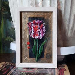 Original Small Oil Painting in a frame Tulip Flower