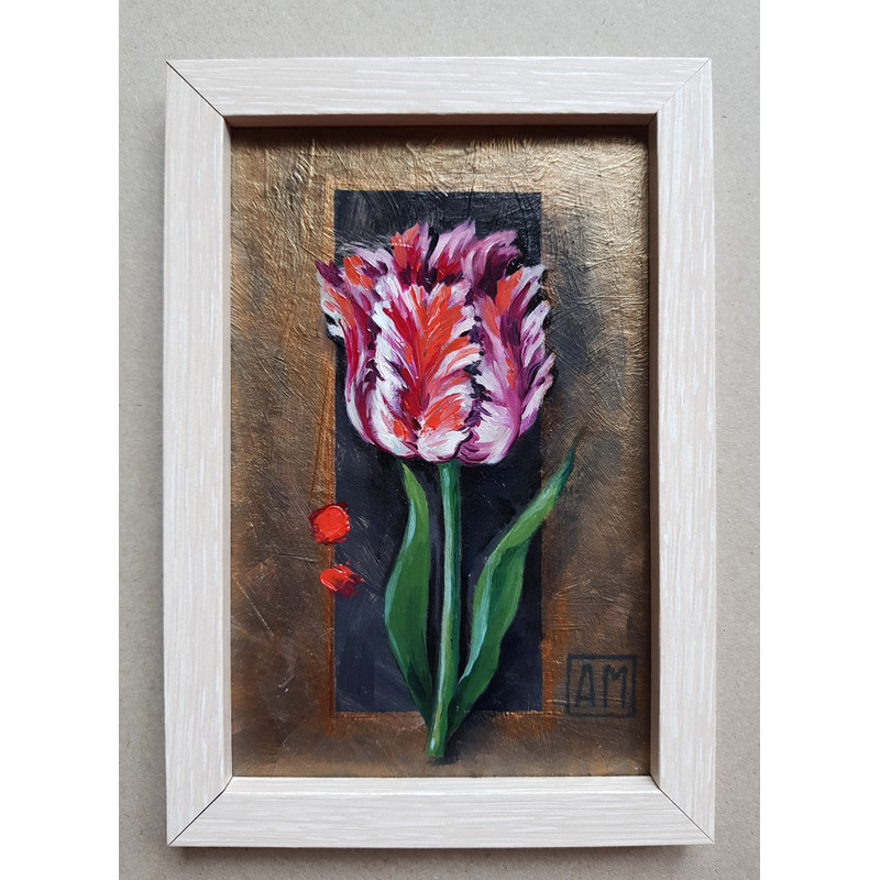 2 Small oil painting in a frame -Tulip Flower 5.9 - 3.9 in..jpg