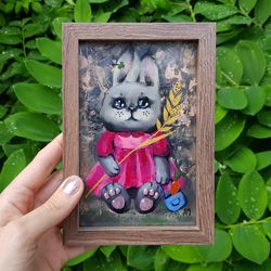 Original Small Oil Painting in a frame under glass little bunny