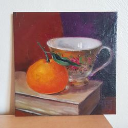 Original Small Oil Painting Still life with a bright tangerine
