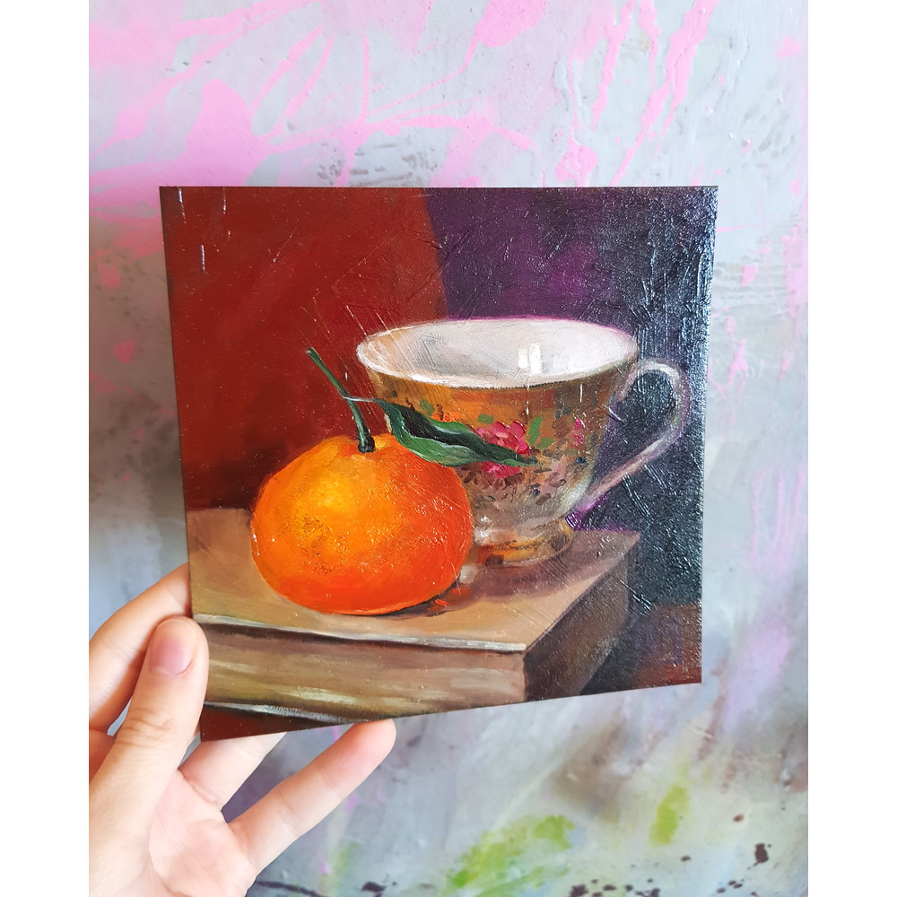 12 Oil painting on Cardboard - Still life with a bright tangerine 5.8- 5.8 in (14.8-14.8 cm)..jpg