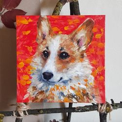 original small oil painting welsh corgi dog
