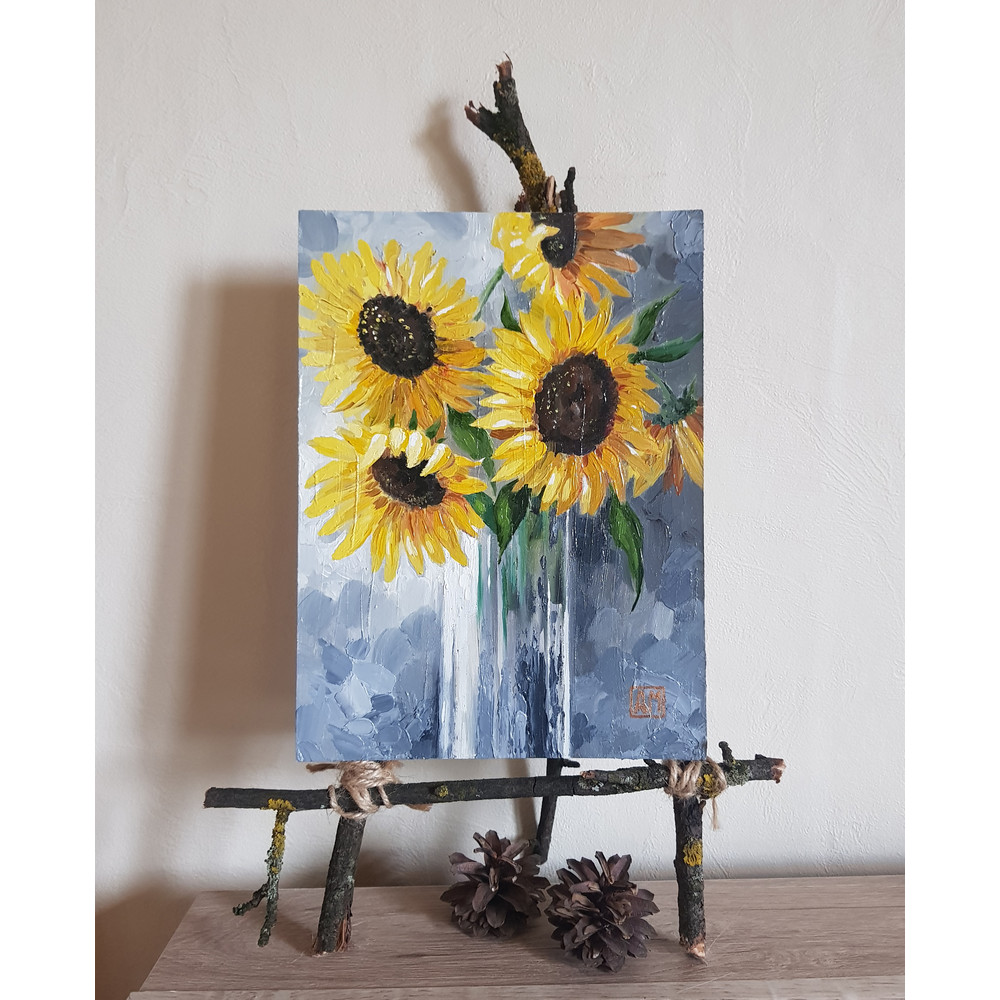 1 Oil painting Cute Still life with sunflowers 6.8- 9.2 in (17.5-23.5 cm)..jpg
