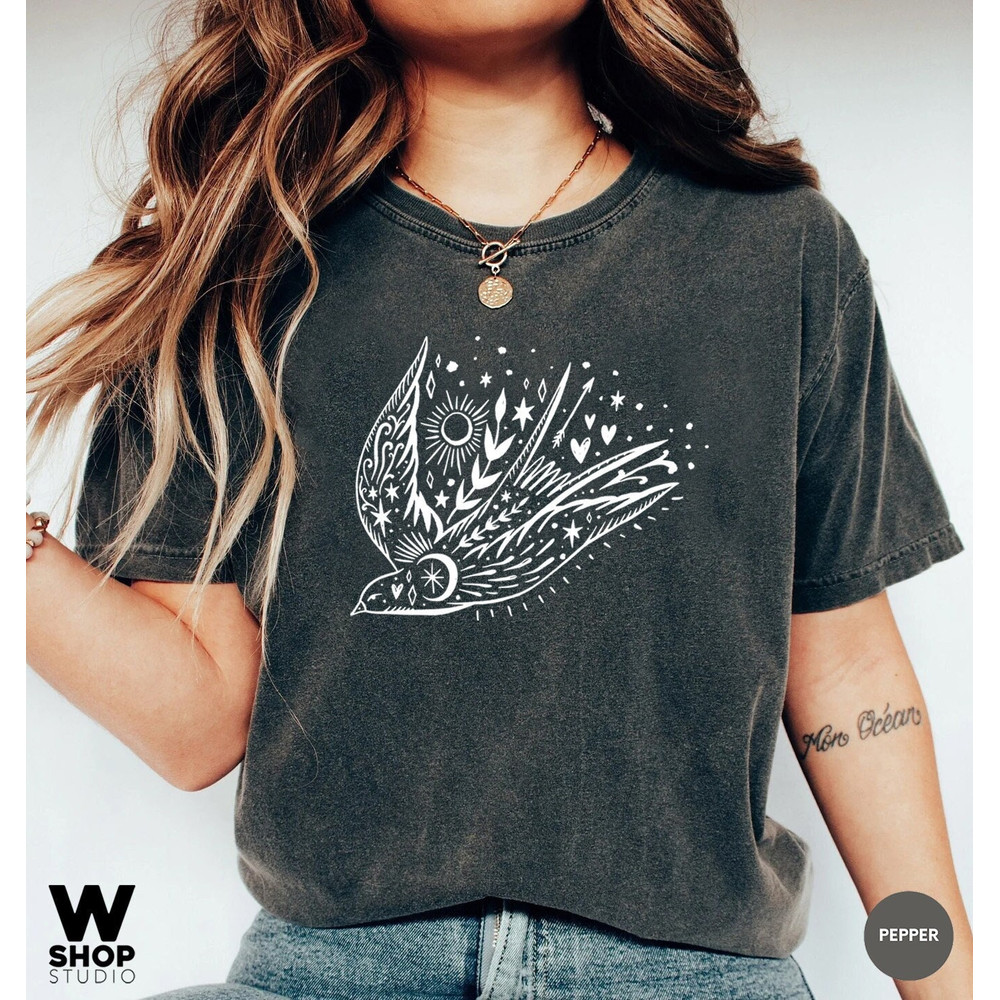 Bird T-shirt, Floral Sun Moon Shirt, Boho Graphic Women Shirt, Celestial Tattoo Tee, Freedom Bird shirt, Gift for Mother, Sister Gift - 1.jpg