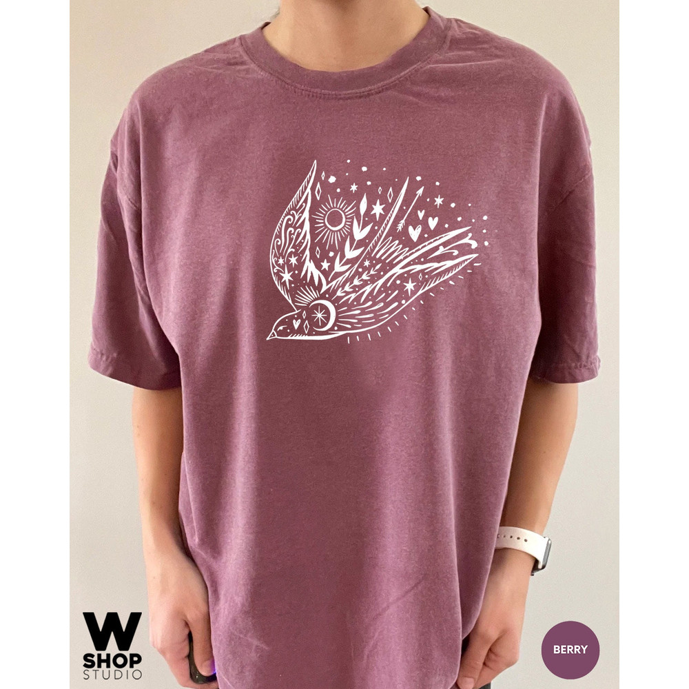 Bird T-shirt, Floral Sun Moon Shirt, Boho Graphic Women Shirt, Celestial Tattoo Tee, Freedom Bird shirt, Gift for Mother, Sister Gift - 2.jpg