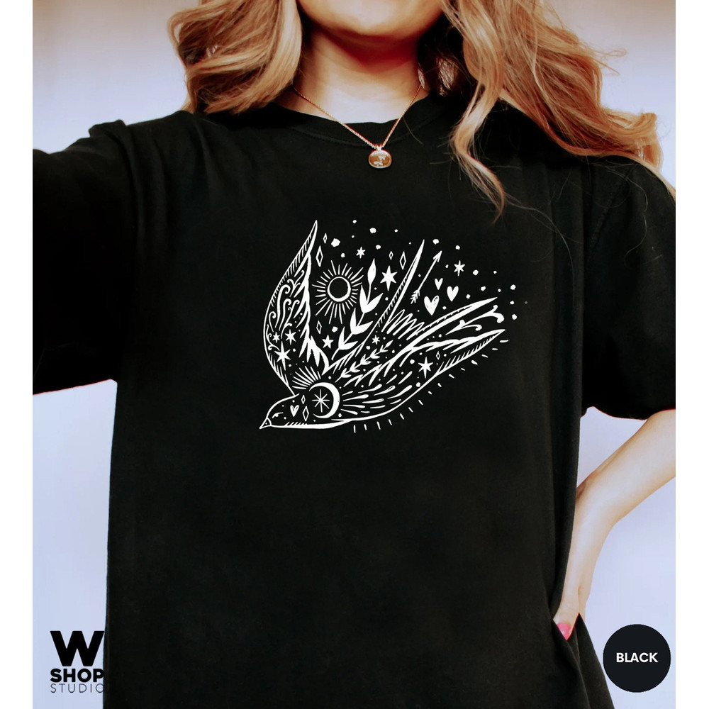 Bird T-shirt, Floral Sun Moon Shirt, Boho Graphic Women Shirt, Celestial Tattoo Tee, Freedom Bird shirt, Gift for Mother, Sister Gift - 3.jpg