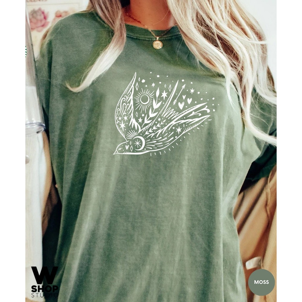 Bird T-shirt, Floral Sun Moon Shirt, Boho Graphic Women Shirt, Celestial Tattoo Tee, Freedom Bird shirt, Gift for Mother, Sister Gift - 6.jpg