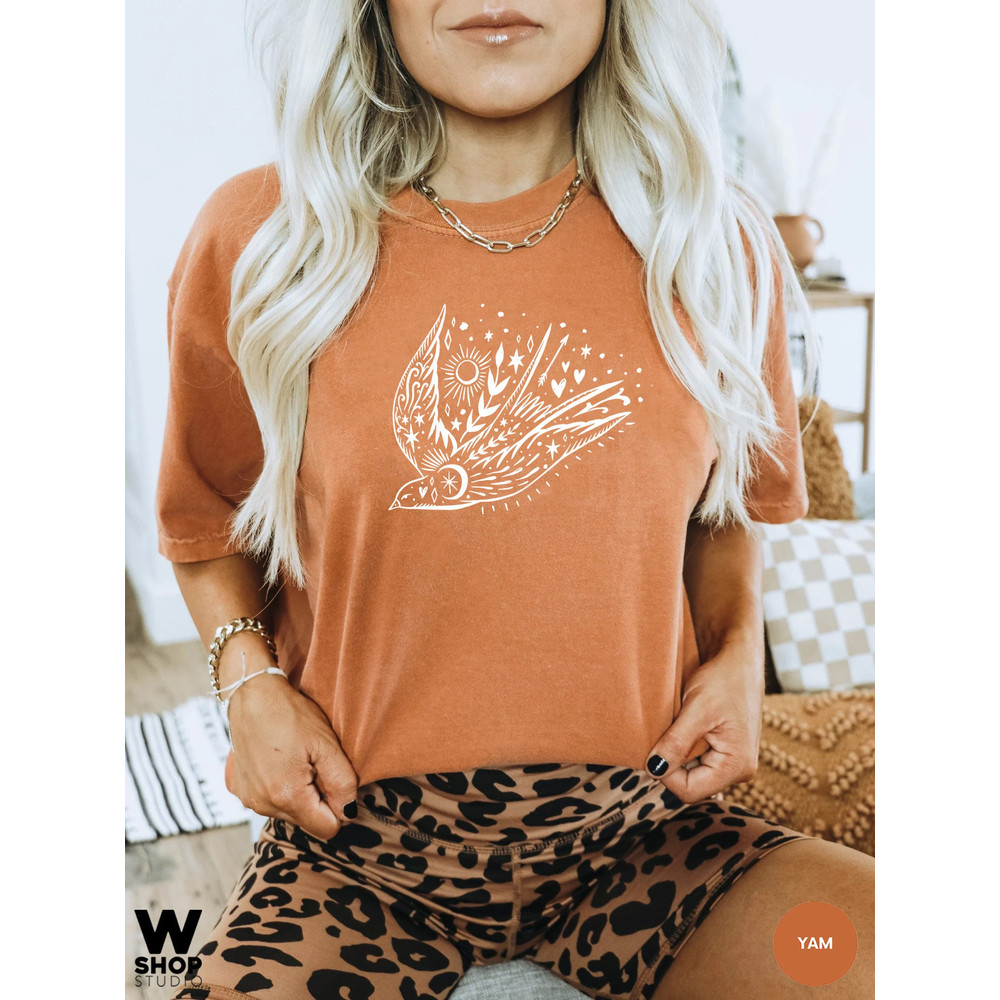 Bird T-shirt, Floral Sun Moon Shirt, Boho Graphic Women Shirt, Celestial Tattoo Tee, Freedom Bird shirt, Gift for Mother, Sister Gift - 8.jpg