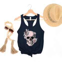 bloom skull womens tank, sugar skull art top gift for her, floral skull print boho graphic tee, flower skull tank top