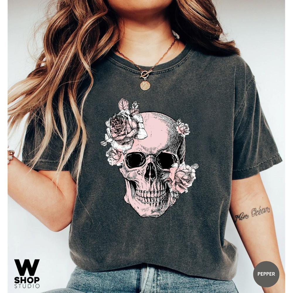 Bloom Skull Womens T-Shirt, Sugar Skull Art Tshirt Gift For Her, Floral Skull Print Boho Graphic Tee, Flower Skull, Comfort Colors Tee - 1.jpg