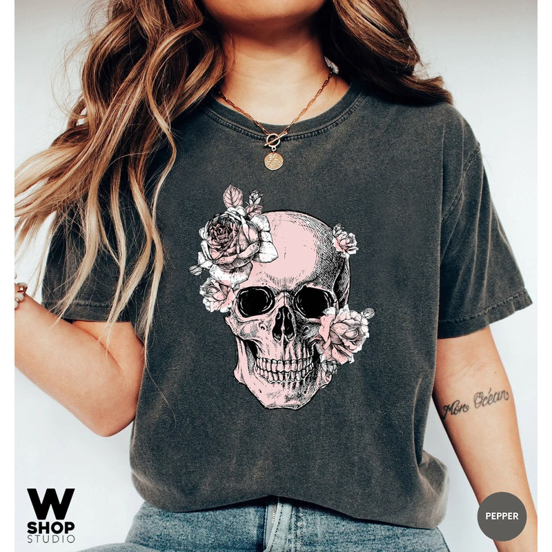 Bloom Skull Womens T-Shirt, Sugar Skull Art Tshirt Gift For Her, Floral Skull Print Boho Graphic Tee, Flower Skull, Comfort Colors Tee - 1.jpg