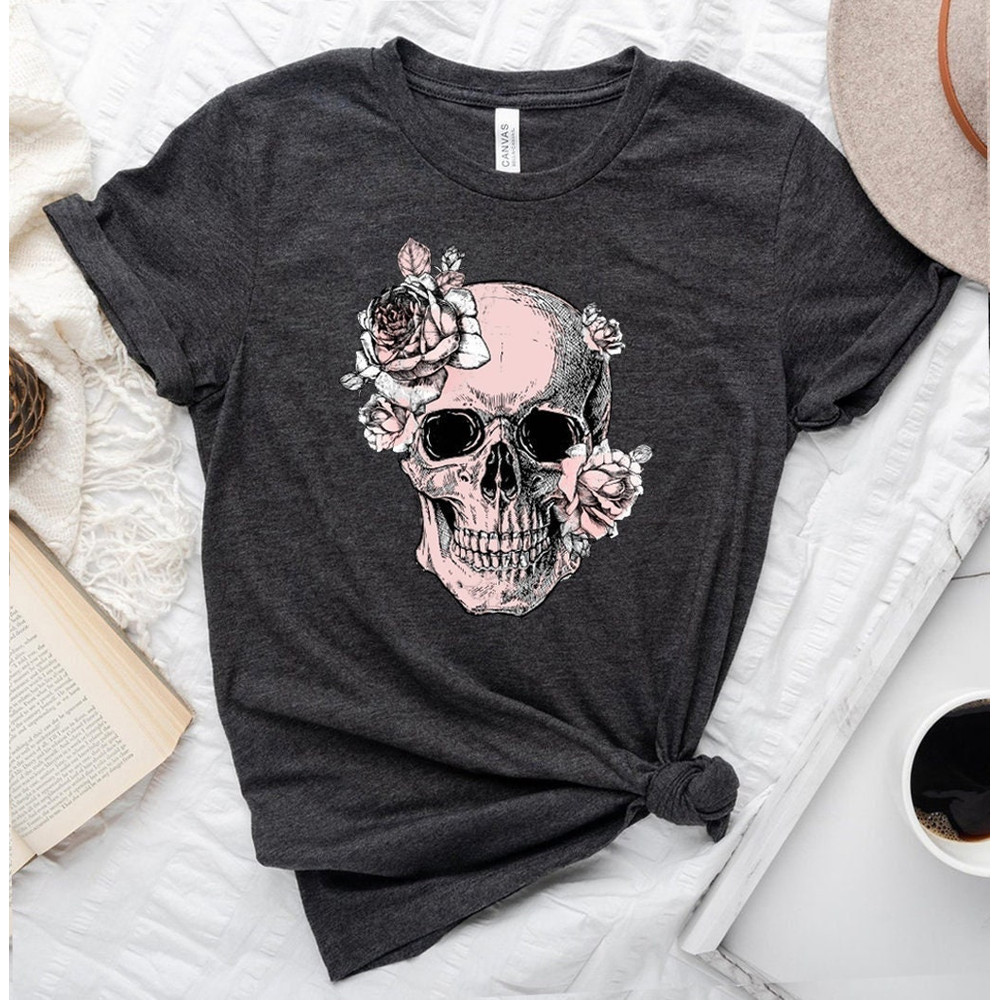 Bloom Skull Womens T-Shirt, Sugar Skull Art Tshirt Gift For Her, Floral Skull Print Boho Graphic Tee, Flower Skull Bella Canvas T-Shirt - 2.jpg