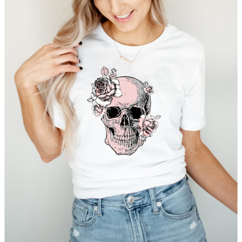 Bloom Skull Womens T-Shirt, Sugar Skull Art Tshirt Gift For Her, Floral Skull Print Boho Graphic Tee, Flower Skull Bella Canvas T-Shirt - 5.jpg