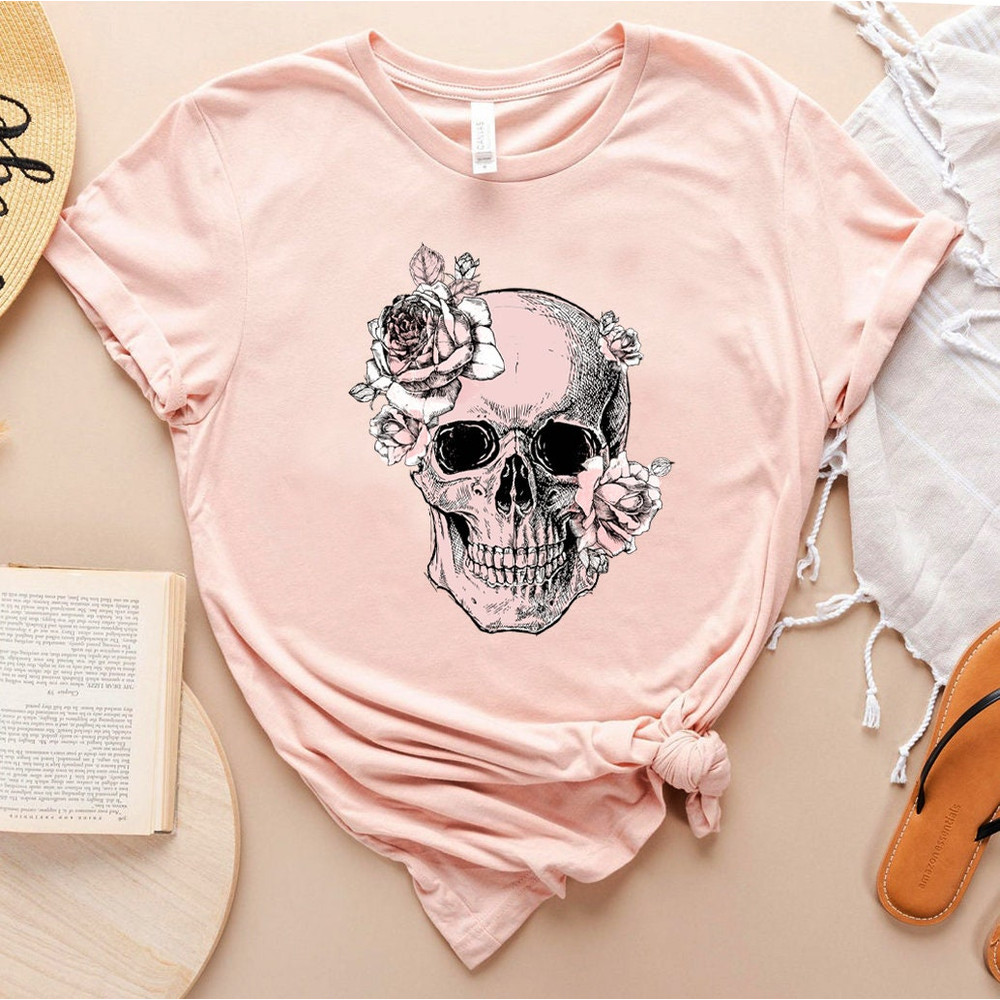 Bloom Skull Womens T-Shirt, Sugar Skull Art Tshirt Gift For Her, Floral Skull Print Boho Graphic Tee, Flower Skull Bella Canvas T-Shirt - 6.jpg