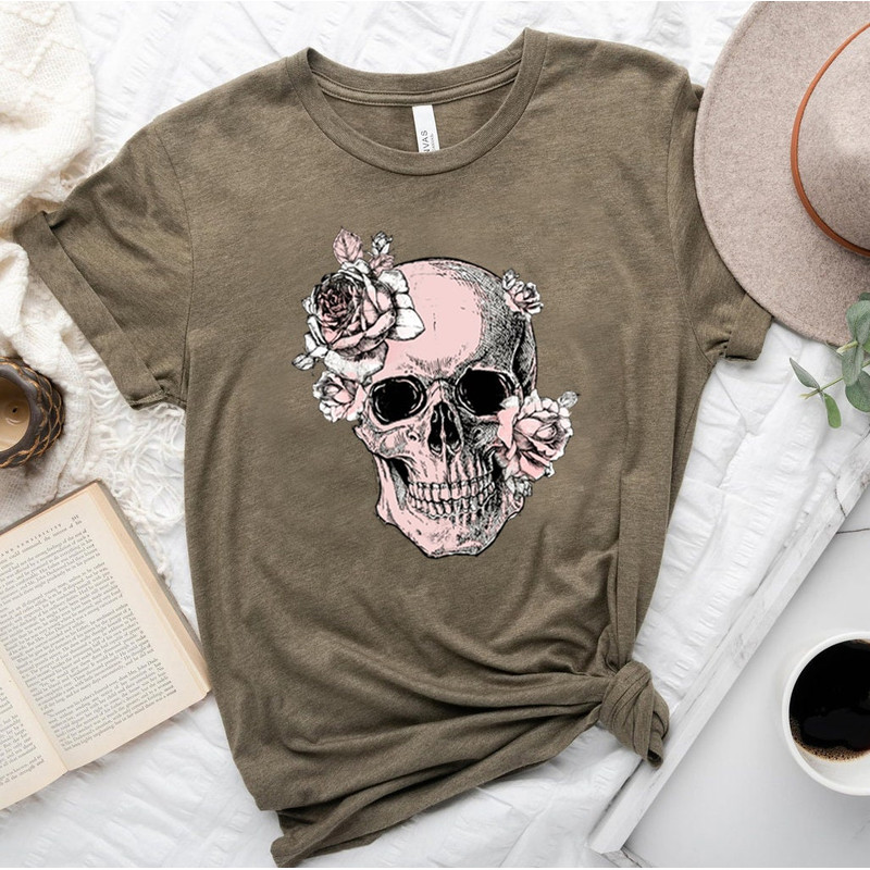 Bloom Skull Womens T-Shirt, Sugar Skull Art Tshirt Gift For Her, Floral Skull Print Boho Graphic Tee, Flower Skull Bella Canvas T-Shirt - 7.jpg