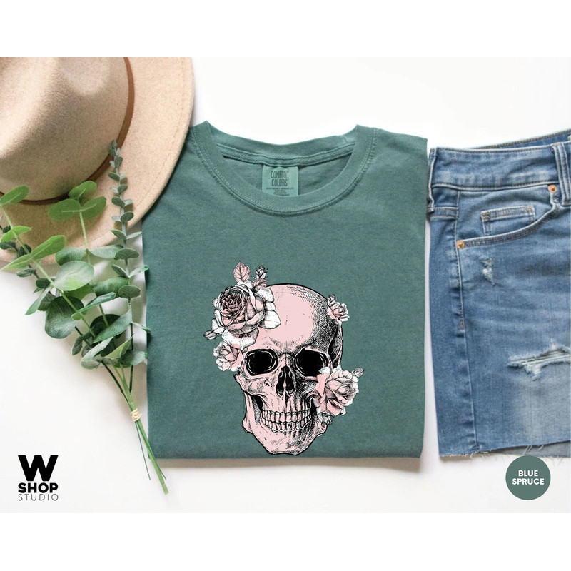 Bloom Skull Womens T-Shirt, Sugar Skull Art Tshirt Gift For Her, Floral Skull Print Boho Graphic Tee, Flower Skull, Comfort Colors Tee - 7.jpg