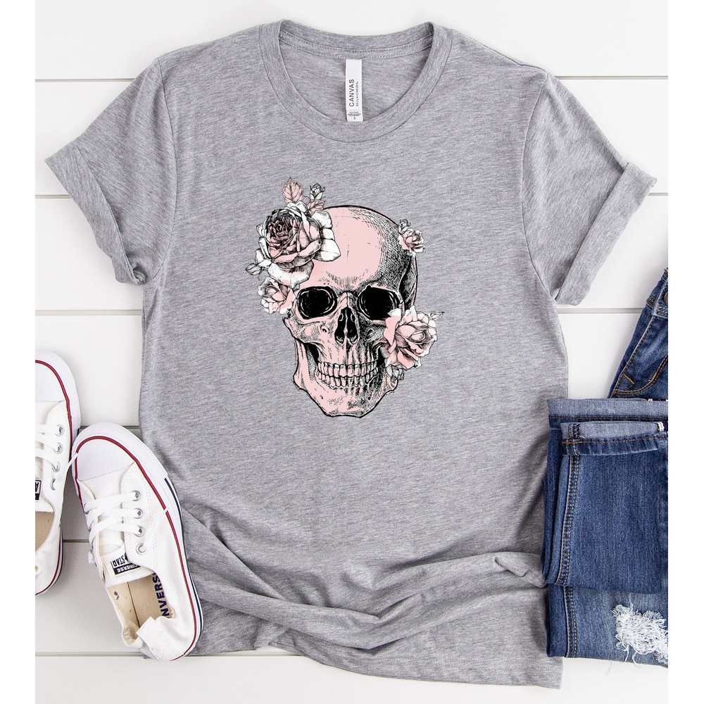 Bloom Skull Womens T-Shirt, Sugar Skull Art Tshirt Gift For Her, Floral Skull Print Boho Graphic Tee, Flower Skull Bella Canvas T-Shirt - 8.jpg