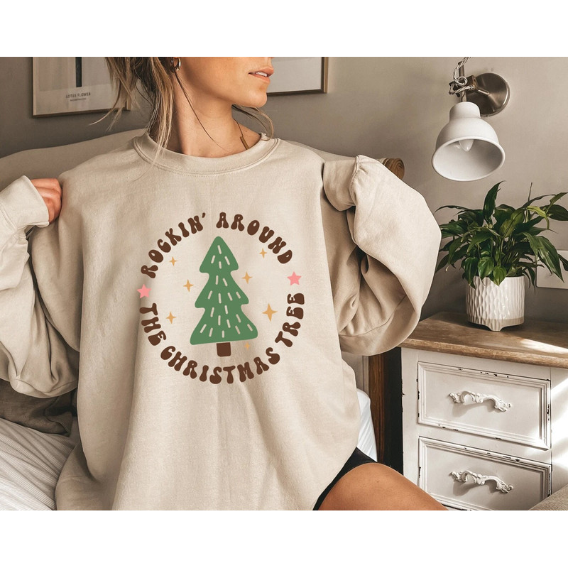 Christmas Tree Sweatshirt, Rockin Around the Christmas Tree Hoodie, Unisex Adult Holiday shirt, Minimal Merry Xmas Crew - 1.jpg