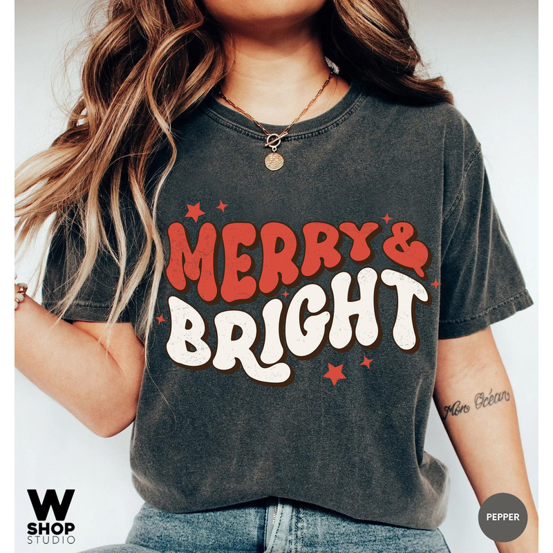 Comfort Colors merry and bright Christmas t-shirt, Holiday t-shirt, cute christmas t-shirt, Christmas shirt, Retro christmas tee - 2.jpg