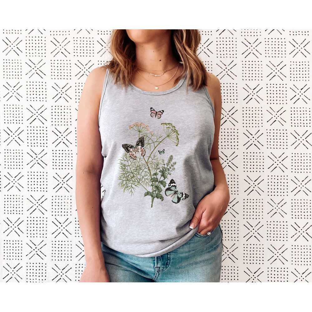 Flower Tank T shirt, Butterfly Gift for her, Women trendy tank, Spring concept, Wild meadow flower nature top, Floral Gardener Botanical - 1.jpg