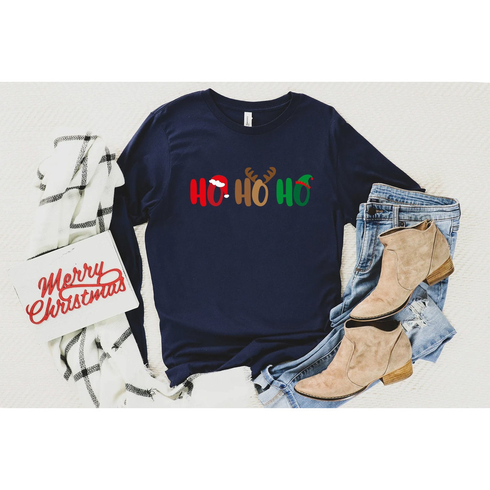HO HO HO Long Sleeve Shirt, Merry Christmas T shirt, Unisex Adult Funny Holiday shirt, Merry and Bright Xmas Crew Long Sleeve Tee - 1.jpg